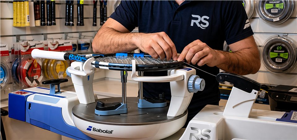 Ett tennisracket strängas noggrant på en Babolat Star 5-maskin